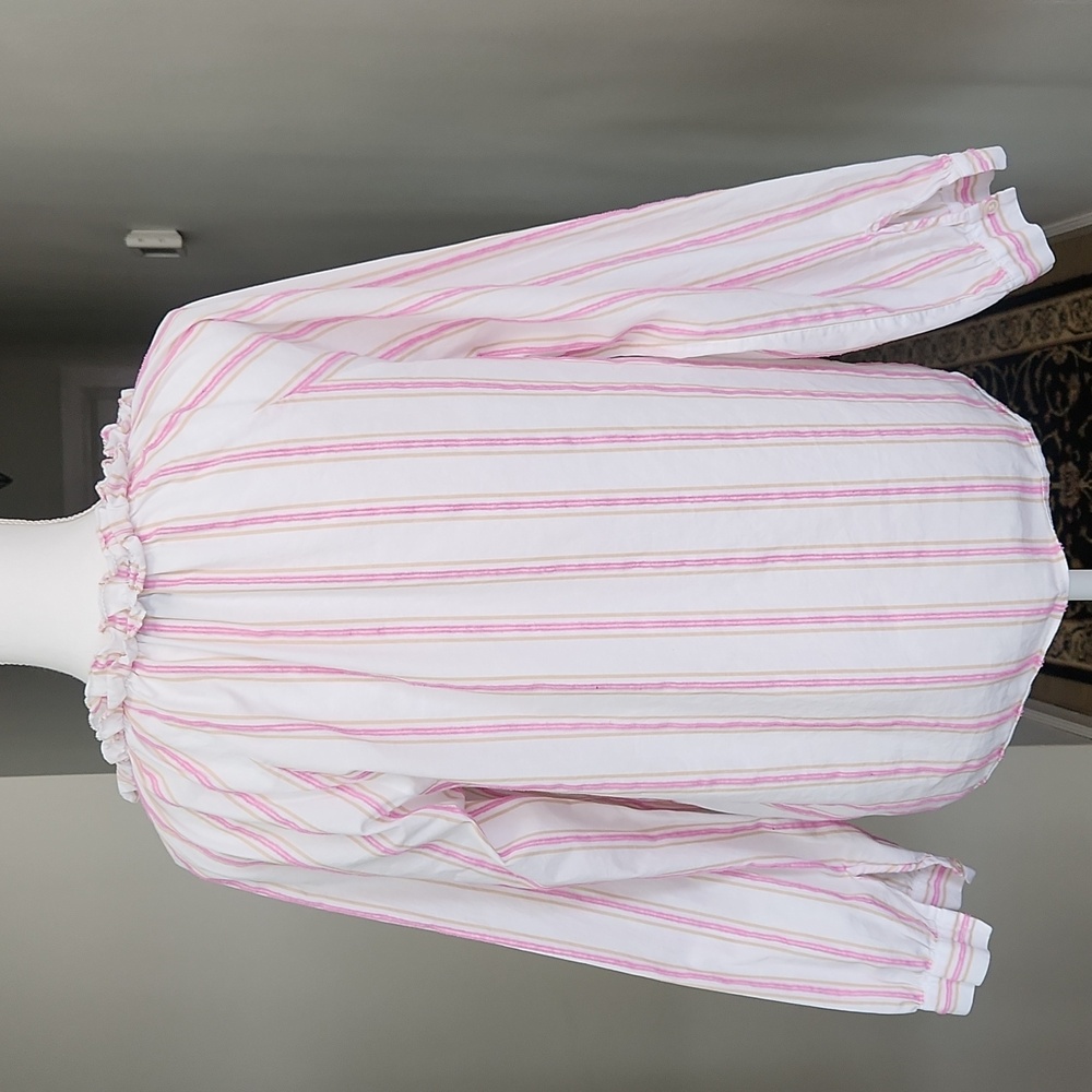 J. Crew Ruffle Neck Tie-Front Striped Blouse Cotton Popover Pink Tan Small - Picture 4 of 13